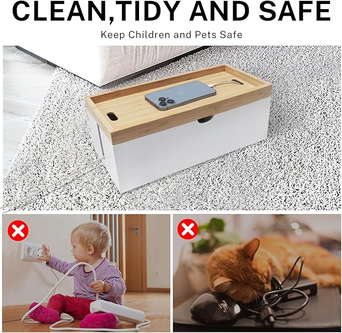 Bamboo Cable Management Box, Large Cord Organizer Box Cable Box to Hide Wires & Power Strips for Desktop Storage Cord Holder for Office Home, No Assembly Required