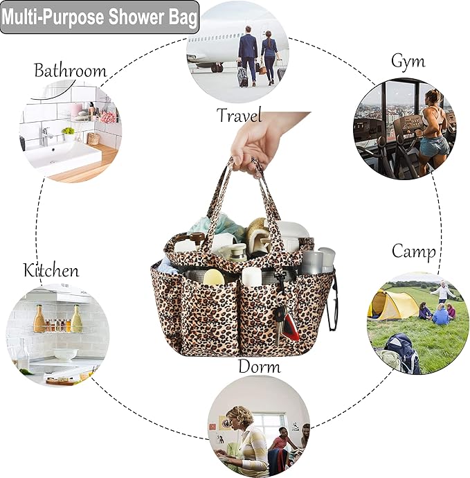 Haundry Mesh Shower Caddy Bag, Portable Basket Organizer with Key Hook for College Dorm Bathroom Camp Gym, Hanging Tote Bag with 8 Pockets, Leopard