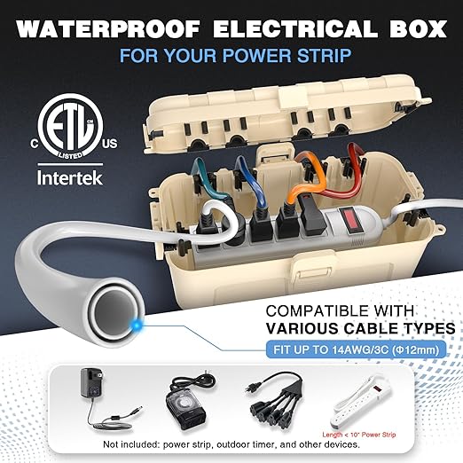 Flemoon [2 Pack] Outdoor Electrical Box Waterproof, Medium Weatherproof Electrical Box (11.5x5.2x4 inch) w/6 Cable Entry Ports, Extension Cord Cover for Power Strip, Timer, Holiday Light, Almond