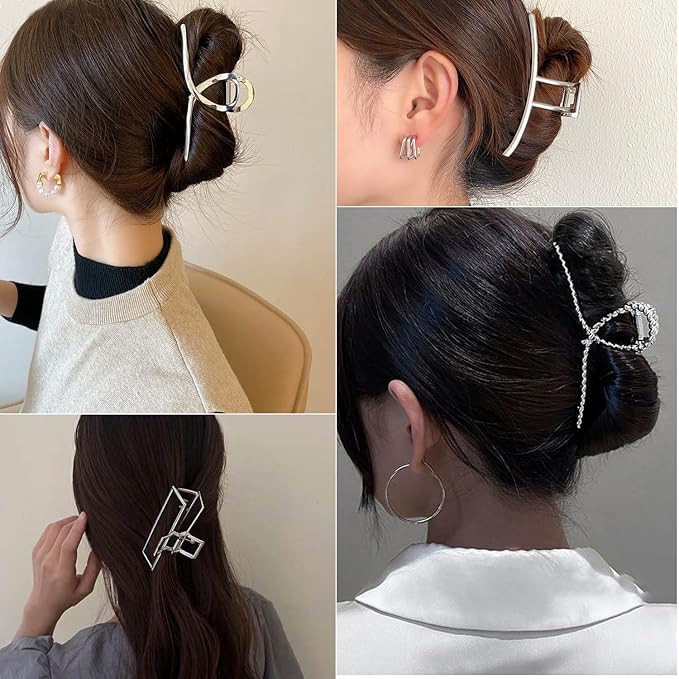 4 Pack Large Metal Hair Clips for Thin to Thick Curly Hair, 4.3 Inch Big Nonslip Silver Color Clamps, Perfect Fashion Jaw Claw Hair Styling Accessories for Women and Girls