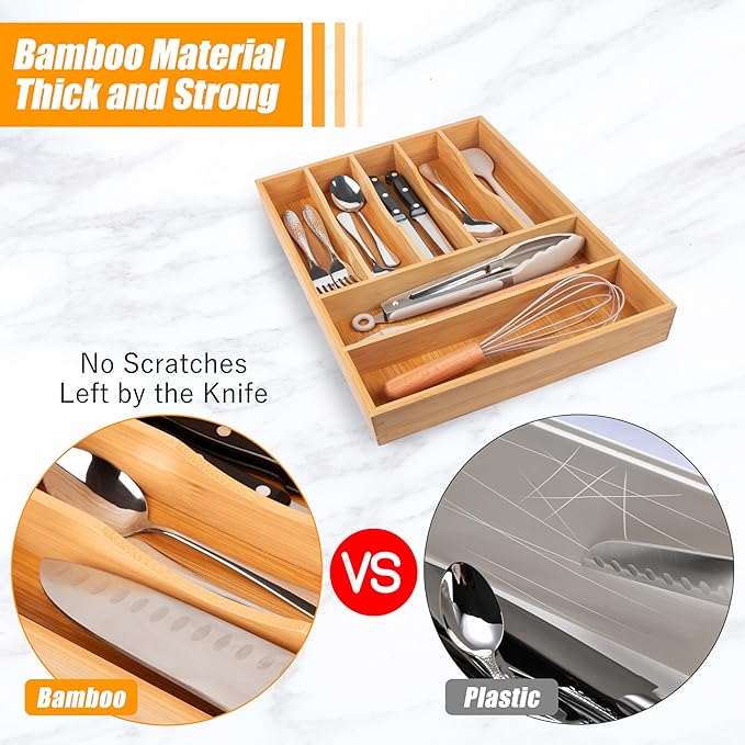 Bellsal Bamboo Silverware Drawer Organizer, Kitchen Utensil Drawer Organizers, 12"x15.7" Utensils Holder Cutlery Tray with Grooved Drawer Dividers for Kitchen Flatware Bedroom Office (7 Slot, Natural)