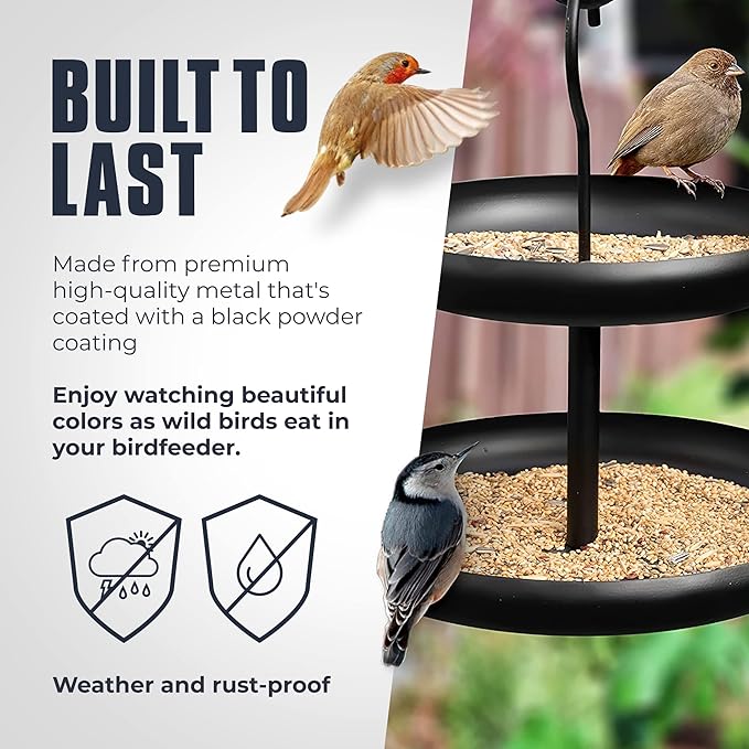 Monarch Abode Hanging Bird Feeder for Outdoors – Hanging Birdfeeder with Two Levels for Wild Birds, Matte Black Two-Tier Metal Decorative Wild Bird Feeder for Outside Garden Patio Deck Yard
