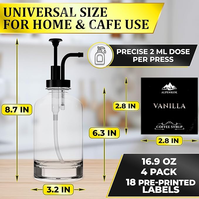 Set of 4 Glass Syrup Dispensers 16.9oz 500 ml – Pump Coffee Dispenser with 18 Marked Labels, Leak-Proof, Easy Cleaning – Coffee Essentials for Coffee Bar | Parties & Event Ready (Black Pumps)