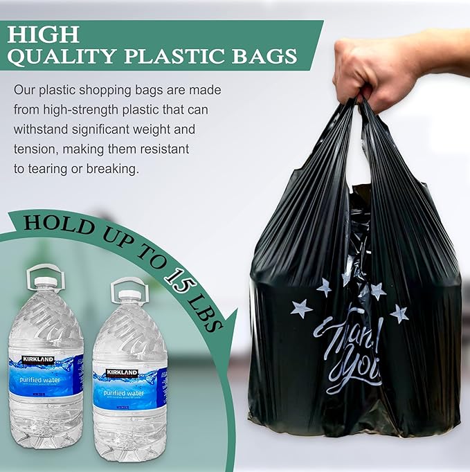 YoYoRain 1000 Count Black “Thank You” T-Shirt Bags – Reusable & Disposable Grocery & Supermarket Carry Bags, 11"x6"x21"