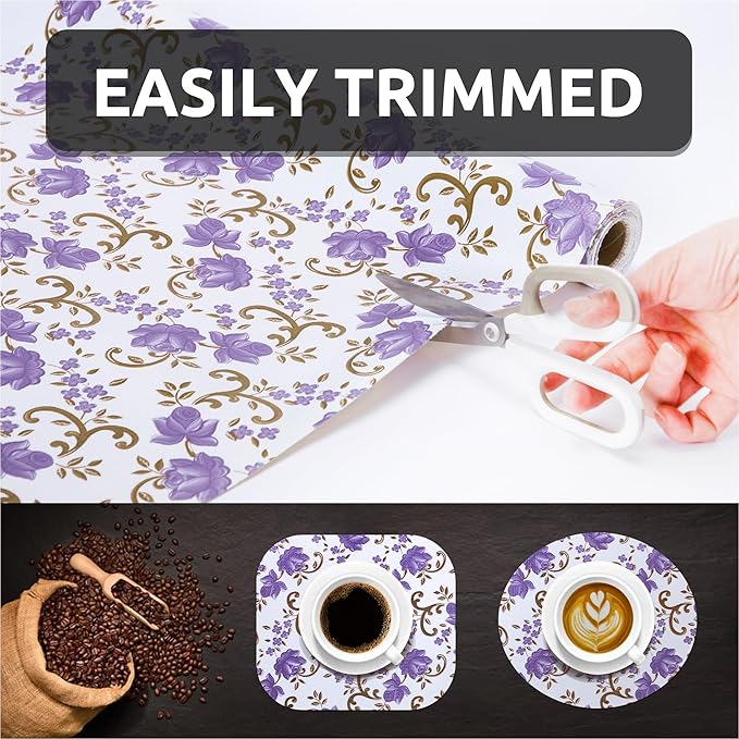 12X120 Inch Shelf Liner for Kitchen Cabinets, PVC Drawer Liner for Dresser Non-Slip Bathroom, Non-Adhesive Cabinet Liner Washable (Purple Floral)(4 Roll)