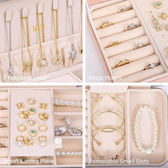 KCY Travel Jewelry Organizer Box for Women Girls, Small Travel Jewelry Case, PU Leather Portable Jewellery Storage Boxes Display Holder for Ring Earrings Necklace Bracelet Bangle, Gifts, Pink