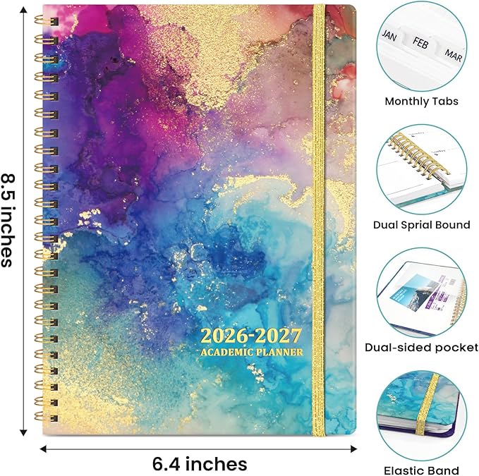 Academic Planner 2026-2027, Weekly and Monthly Calendar Book, July 2026 – June 2027, Hardcover Planner with Tabs, Perfect for Teachers, Students, Women & Men, A5 (6.4" x 8.5") - Gold