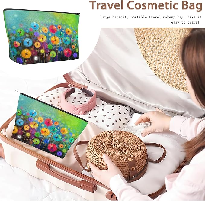 Watercolor Floral Makeup Bag Travel Cosmetic Bag for Women,Yellow Green Abstract Small Make up Pouch Travel Bags for Toiletries Aesthetic Accessories Waterproof Gifts