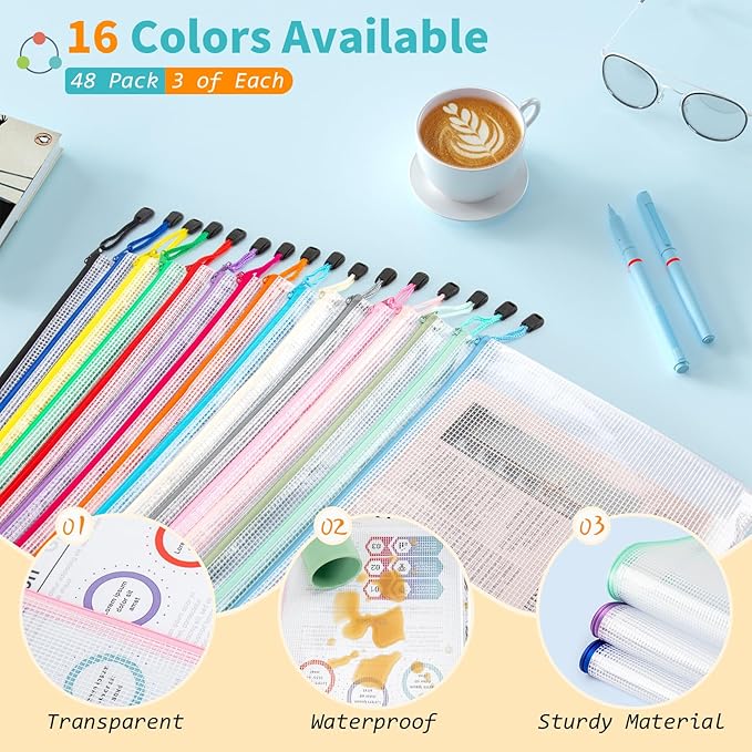 Umriox A4-48P 48pcs Mesh Zipper Pouch Bags, 16 Color, Clear Zipper Pouches for Organizing, Office, Home, Travel