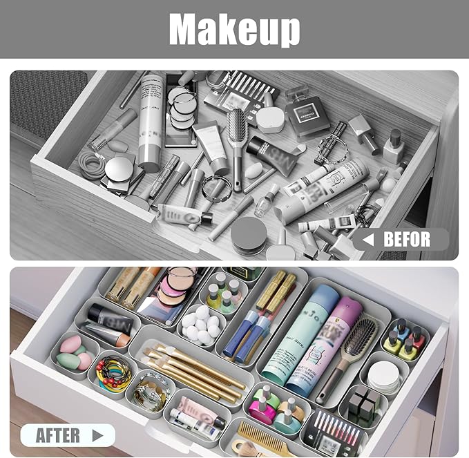 Homhut 18 pcs Desk Drawer Organizer Tray, Multiple Sizes Plastic Drawer Organizer Storage, Stackable Organizer Containers For Makeup, Bedroom, Kitchen Gadgets Utensils and Office