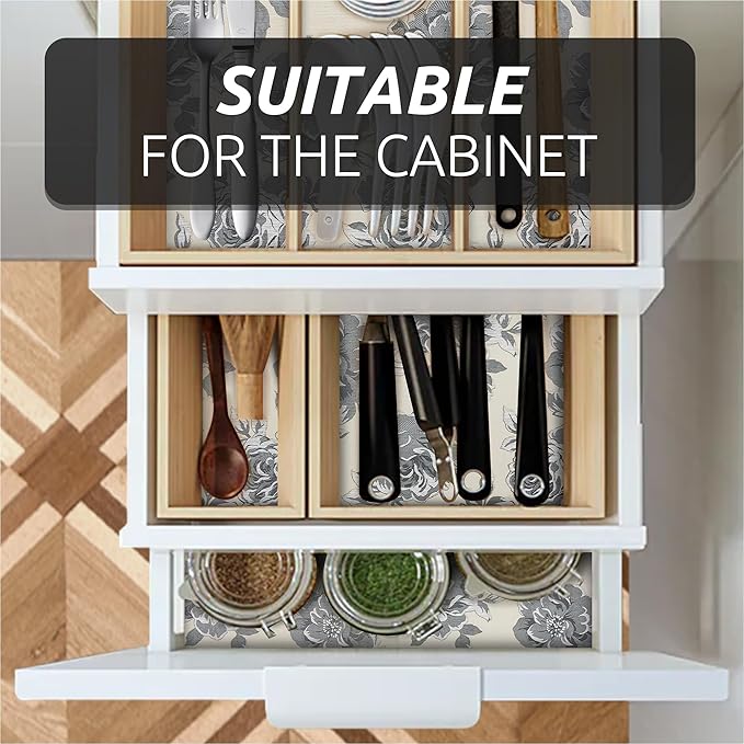 18X96 Inch Shelf Liner for Kitchen Cabinets, PVC Drawer Liner for Dresser Non-Slip Bathroom, Non-Adhesive Cabinet Liner Washable (Black Flower)(5 Roll)