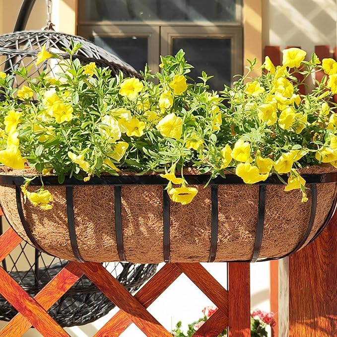 KIDYBELL 36“ Window Box Railing Planter with Coco Liner Metal Wall-Mounted Coconut Liner Planter Basket English Horse Trough Planters for Outdoor Deck Balcony Porch Fence Patio Black (2 Pack)
