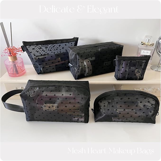 5 Pieces Heart Printed Mesh Makeup Bag Set, Portable Travel Mesh Cosmetic Bags Toiletry Bags Makeup Purse Bags with Zipper Storage Pouches for Home Offices Travel Accessories (Black)