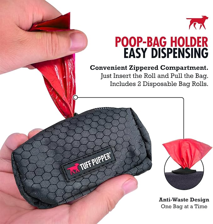 Tuff Pupper Dog Poop Bag Holder | Works with Any Dog Leash | Zippered Waste Bag Dispenser | Waterproof with Rust-Proof Clip | Convenient Lightweight Design | Includes 2 Rolls of Leak-Proof Bags