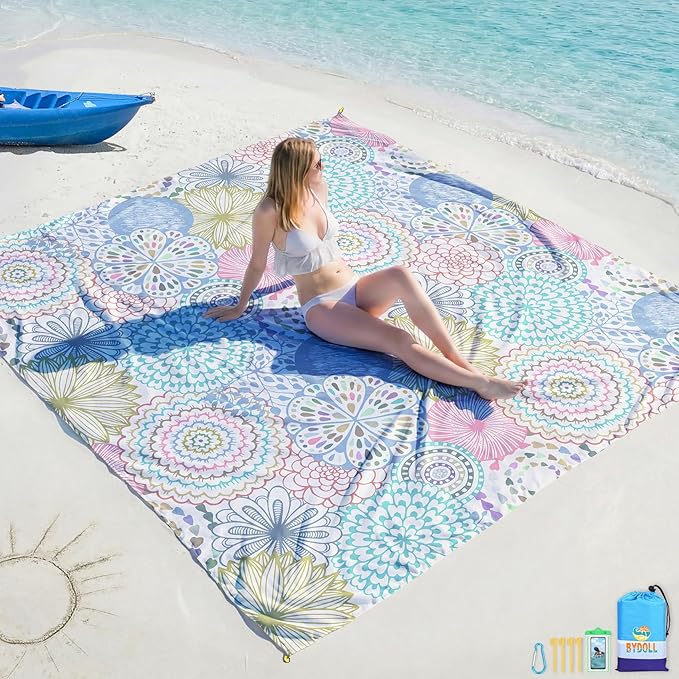 BYDOLL Beach Blanket Waterproof Sandproof Large Sand Free, 78''X110'' Oversized Sandless Lightweight Blanket Picnic Mat for Beach Travel Camping Hiking with Stakes