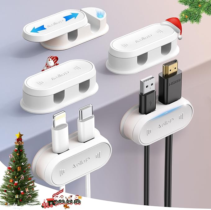 5Pack Cable Clips - 10 Hole Cord Organizer for Desk [Both Sides 1s Smooth Push] Nightstand Phone Charging Cord Holder, Adhesive Wire Organizer Keeper for Home/Car/Table, Office Desk Accessories, White