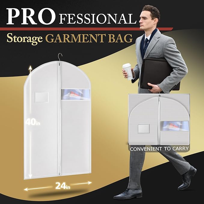40-inch Garment Bags for Travel, Garment Bags for Hanging Clothes with Zipper and Visible Transparent Window, 2 Pack, White