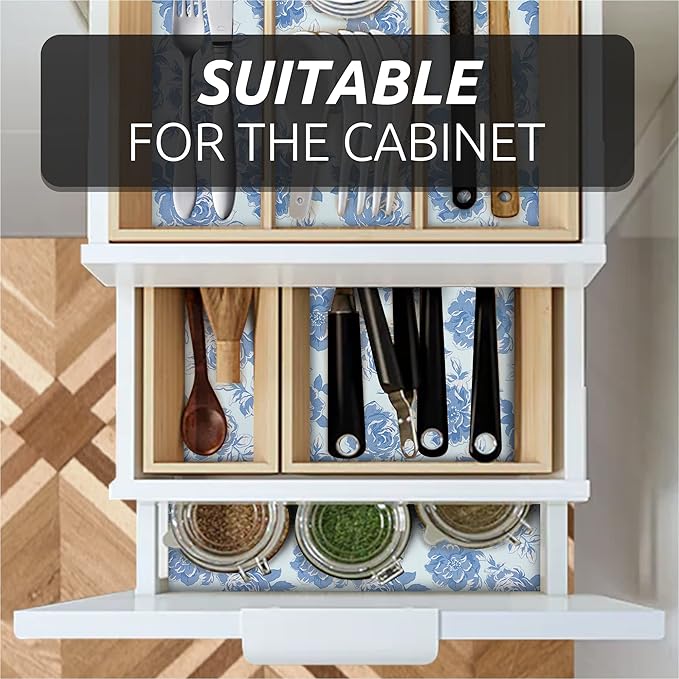 FIFTY FEET 18X96 Inch Shelf Liner for Kitchen Cabinets, PVC Drawer Liner for Dresser Non-Slip Bathroom, Non-Adhesive Cabinet Liner Washable (Blue Flower)(3 Roll)