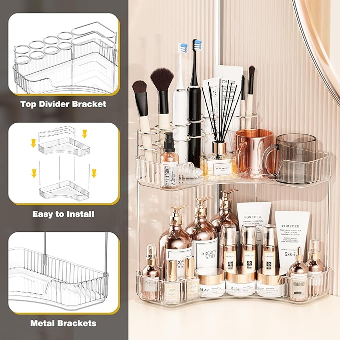 2-Tier Corner Bathroom Counter Organizer with Top Toothbrush Holders,Large Makeup Organizer Countertop with Brush Holder,Skincare Organizers Corner,Exquisite Vanity Organizer(Clear, 2 Tier)
