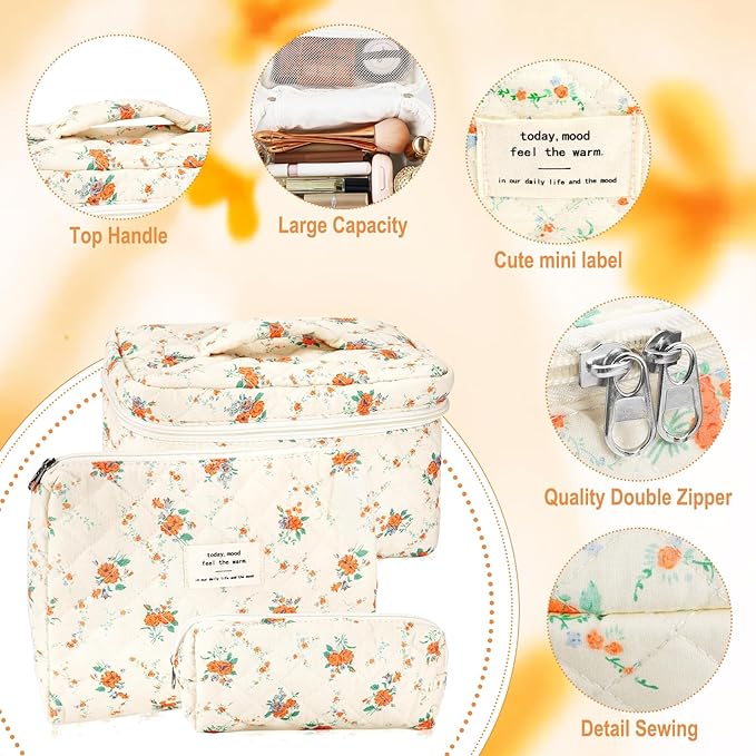 3Pcs Cotton Quilted Makeup Bag for Women Girls Large Small Travel Floral Cosmetic Bags Set Cute Coquette Zipper Makeup Pouch for Purse Aesthetic Cloth Flower Storage Toiletry Bag Organizer