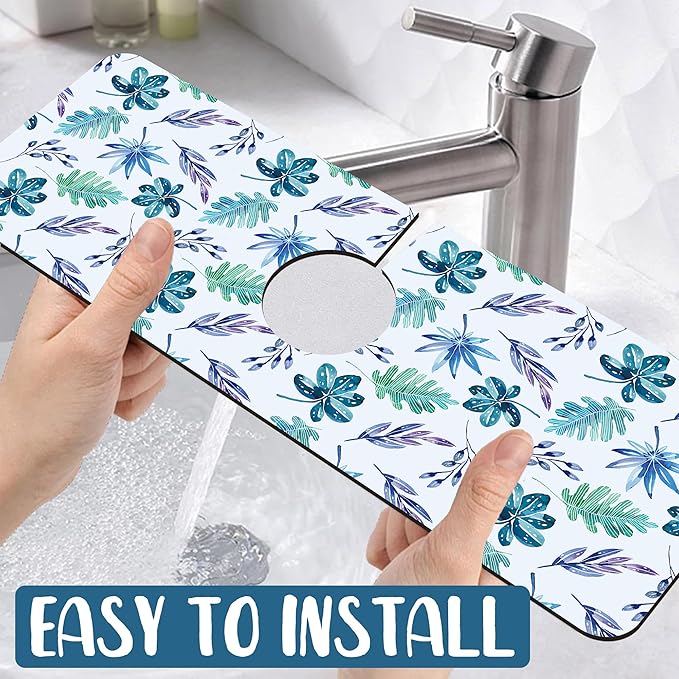Watercolor Leaves Sink Splash Guard Faucet Mat Tropical Leaves Super Absorbent Fast Drying Mat Sink Gadgets-Splash Guard Behind Faucet Drip Catcher for Kitchen Bathroom, 15.5"x5.5"