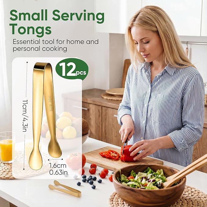 12 Pcs Gold Serving Tongs, Stainless Steel Ice Tongs Mini Sugar Tongs for Kitchen Appetizers, Party. Ting Tongs for Serving Food, Ice, Sugar Cube, Salad, Desserts