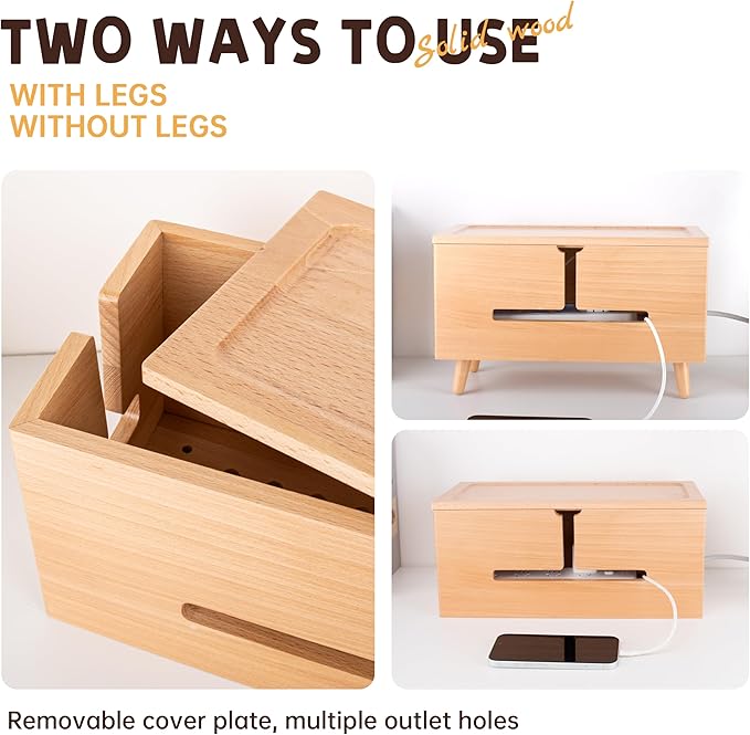 Large Cable Management Box - Organizer for Electrical Cords and Power Strips - Conceal Desk and Floor Cables - Storage Solution for Cord Hider and Organization (Natural Wood)