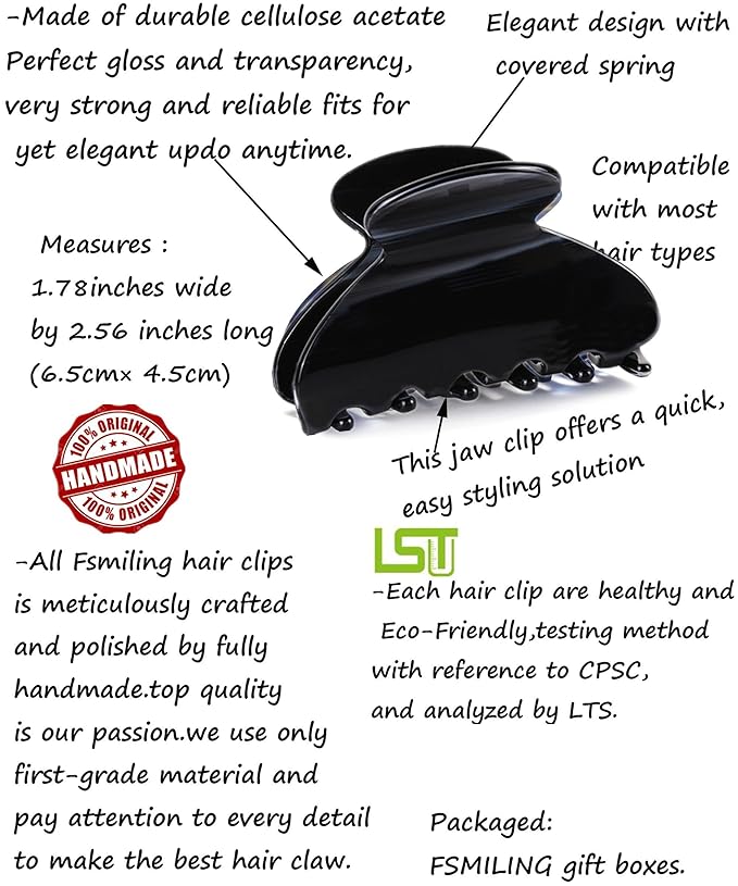 Womens Hair Clips Medium Claw Clips Tortoise Hair Jaw Clips Celluloid Hair Claw Clamps Acetate Hair Clip 3 Pack,Tortoise Shell/Black/Brown