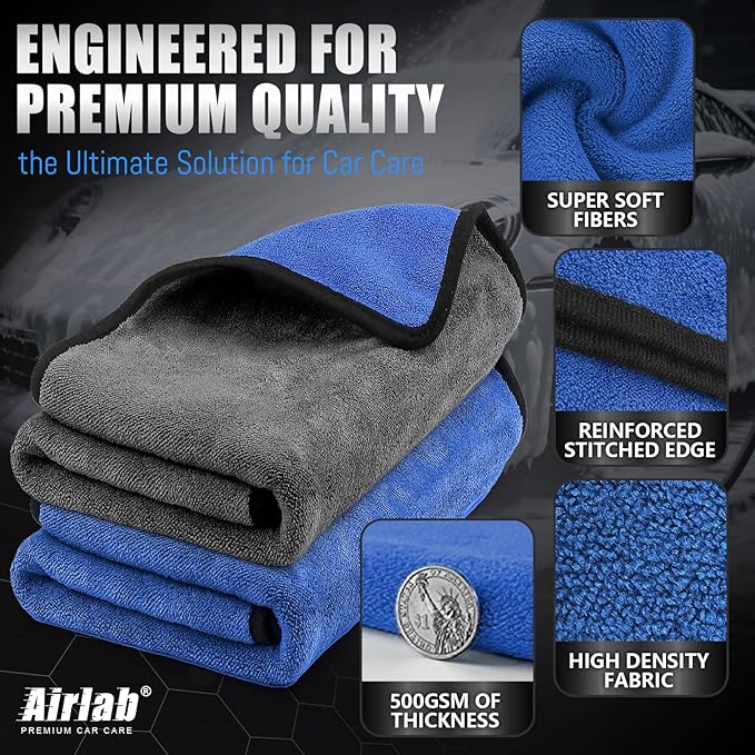 Airlab Microfiber Towels for Car Wash Drying, Thick Plush Cleaning Cloths, Auto Detailing Super Absorbent for Interior & Exterior, Lint-Free, Streak-Free, 35 x 24 Inch, 500 GSM, Pack of 2
