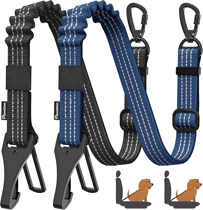 Pawaboo 2Pack Dog Seatbelt for Car, 3-in-1 Dog Car Seat Belt, Shockproof Dogs Tether with Buckle & Hook Latch, Adjustable Reflective Dogs Cars Harness Leash with 360° Lockable Buckle, Indigo/Black