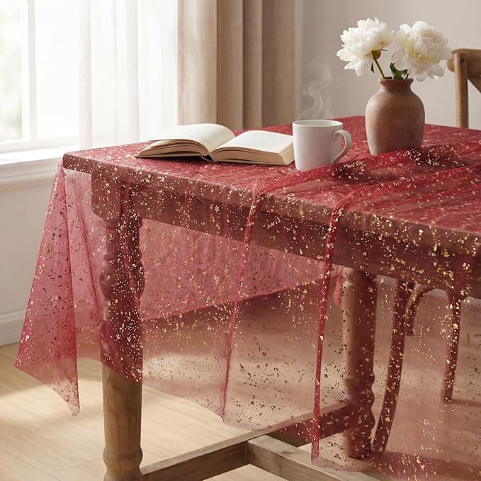 Horaldaily Burgundy Gold Gauze Tablecloth 60x140 Inch Rectangular, Golden Sequin Glitter Metallic Foil, Sheer Tulle Cheesecloth for Wedding Baby Shower Ceremony Birthday
