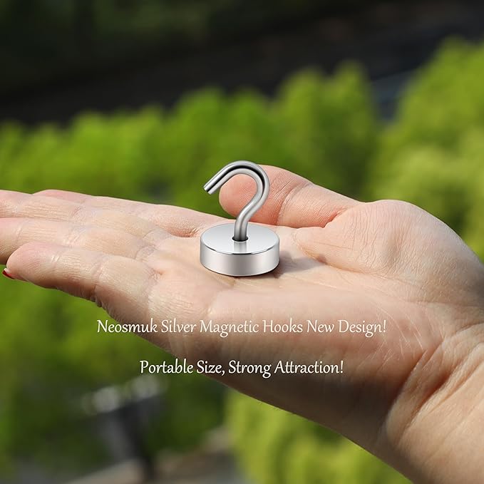 Neosmuk Magnetic Hooks, Cruise Ship Essentials, 40lb+ Heavy Duty Magnetic Hooks for Cruise Cabins, Refrigerator, Grill, Hanging, and Travel | Extra Strong Must-Have Magnet Hook, Silver, 5 Pack