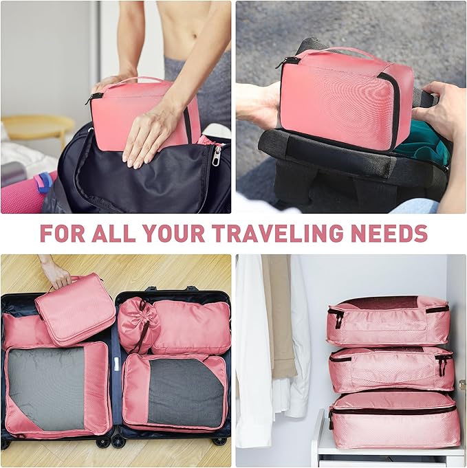 Packing Cubes for Travel, 8-Piece Mesh Holographic Stripe Mesh Luggage Organizers with Shoe Bag, Toiletry Bag, Laundry Pouches, 4-Sizes set for Suitcase Organization, Men Women Kids, Pink