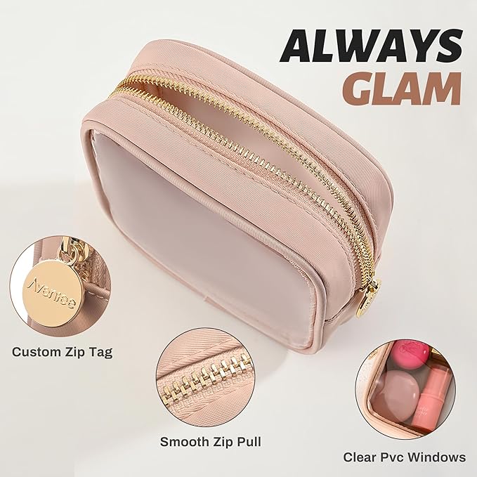 Aveniee Small Clear Makeup Bag, Mini Makeup Bag for Purse Organizer, Cosmetic Bag Travel Zipper Pouch for Women, Cute Car Accessories for Skincare Lipstick Essentials-Sand