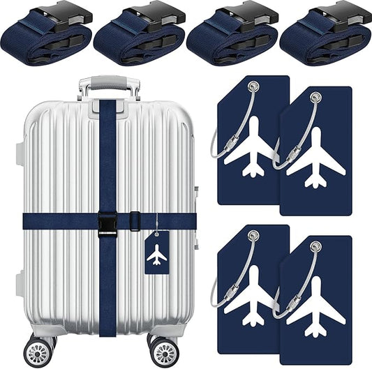 Weewooday 8 Pcs Luggage Straps Suitcase Tags Set for TSA Approved, 4 Travel Adjustable Suitcase Belt, 4 Silicone Luggage Tags with Name ID Card Travel Accessories(Dark Blue,Airplane)