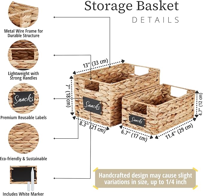 DECOMOMO Wicker Storage Baskets, Handwoven Pantry Baskets, Water Hyacinth Storage Baskets w/Chalkboard and Marker (Natural, Set of 2)