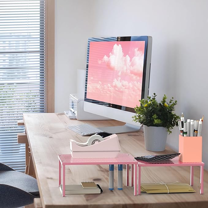 Simple Houseware Expandable Stackable Kitchen Counter Shelf Organizer, Pink, Metal Top, 11.25 in L x 7.9 in W x 5.4 in H