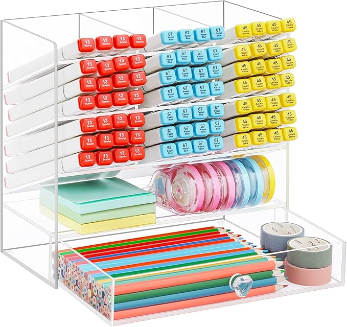 Marbrasse Clear Pen Organizer Storage, Acrylic Desk Organizer with 12 Compartments, Pen Holder for Desk, Desktop Art Organizer for Office School Art Supplies (Acrylic Pen Holder with Drawer)