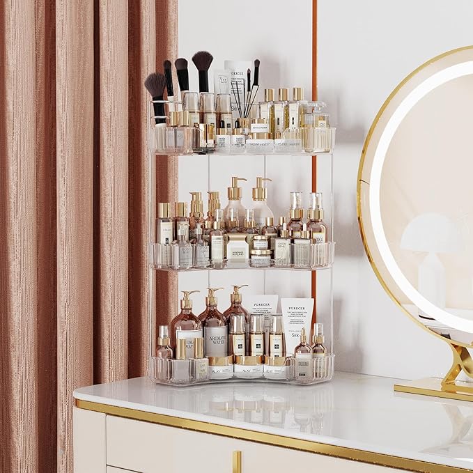 3-Tier Corner Bathroom Counter Organizer with Top Toothbrush Holders,Large Makeup Organizer Countertop with Brush Holder,Skincare Organizers Corner,Exquisite Vanity Organizer (Clear, 3 Tier)