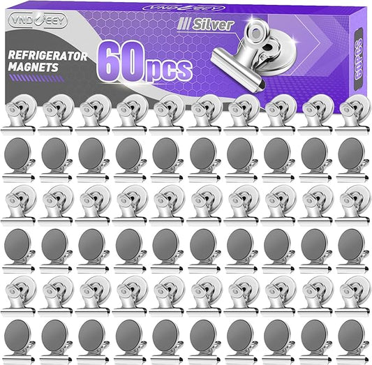 VNDUEEY Magnetic Clips, 60 Pack Fridge Magnets, Magnet Clips Heavy Duty, Refrigerator Magnet Whiteboard Magnets for Office, Classroom, and Home(Silver)