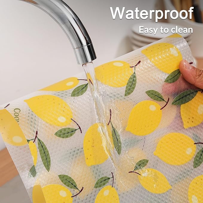 Cooyes Shelf Liner, Non-Adhesive Cabinet Liners for Kitchen Drawers, Shelves, Refrigerator, Pantry Storage, Bathroom Closet, Fridge, Durable Waterproof EVA Mats(17.5" W x 197" L, Yellow Lemon)