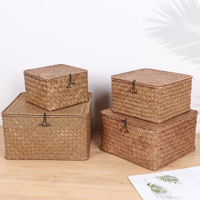 Wicker Shelf Baskets with Lid, Handwoven Seagrass Storage Basket Bins Square Gift Boxes for Shelves Home Decor Organizer (Coffee, Small)