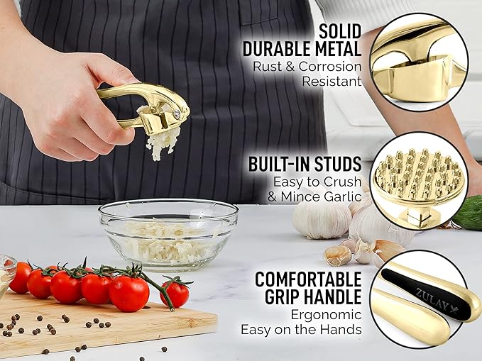 Zulay Kitchen Premium Garlic Press with Soft, Easy to Squeeze Handle - Includes Silicone Garlic Peeler & Cleaning Brush - 3 Piece Garlic Mincer Tool - Sturdy Easy to Clean Garlic Crusher (Gold)
