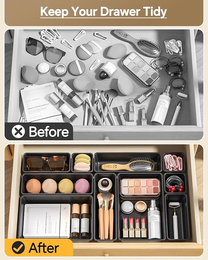 25 PCS Plastic Drawer Organizers Set, 4 Sizes Vanity Organizer, Makeup and Desk Drawer Organizer Trays, Organization and Storage for Makeup, Bathroom, Kitchen Utensils and Office (Black)