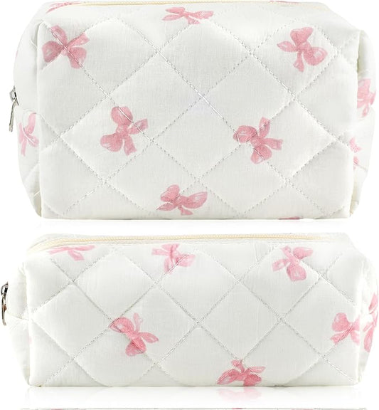 2Pcs Cotton Quilted Makeup Bag for Women Small Coquette Cosmetic Bags Cute Zipper Pink Bow Makeup Pouch Aesthetic Portable Pencil Case Travel Toiletry Bag Trendy Cloth Skincare Bags
