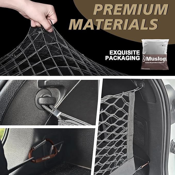 Muslogy Envelope Style Trunk Cargo Net Compatible with 2014-2025 Toyota Highlander Accessories Custom Fit Trunk Organizer Upgraded Mesh Storage Luggage Net with Metal Hooks