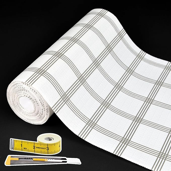 Shelf Liners for Kitchen Cabinets 12in x 10FT, Non-Adhesive Drawer Liner White Square Thickened Shelf Liner Non-Slip Easy to Clean for Tool Box Refrigerator with Knife and Tape Measure