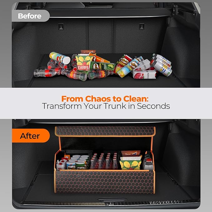Fyzeoty Car Organizers and Storage - Trunk Organizer for SUV Car, Car Trunk Leather Storage Box, Extra Large, Magnetic Lid, Collapsible and Adjustable