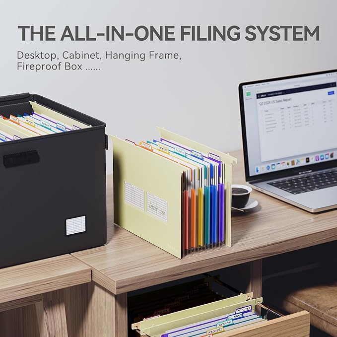 ThinkTex Plastic Expanding Hanging File Folders, 7 Innovative 1.2" Accordion Pockets, Large Capacity, Multi-Color Tabs, Letter Size for Filing Cabinet - Yellow