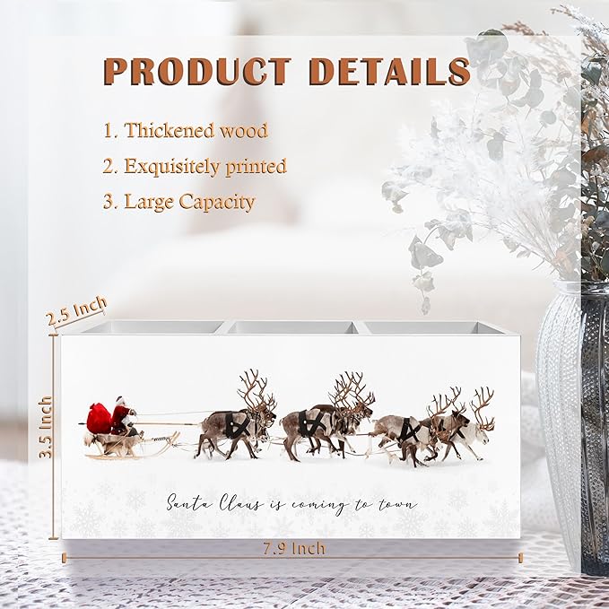 Winter Christmas Pen Pencil Holder for Desk, Christmas Office Decor, Rustic Farmhouse Xmas Santa Claus and Reindeer Wooden Box Block Sign for Home Office Desk Tabletop Decoration